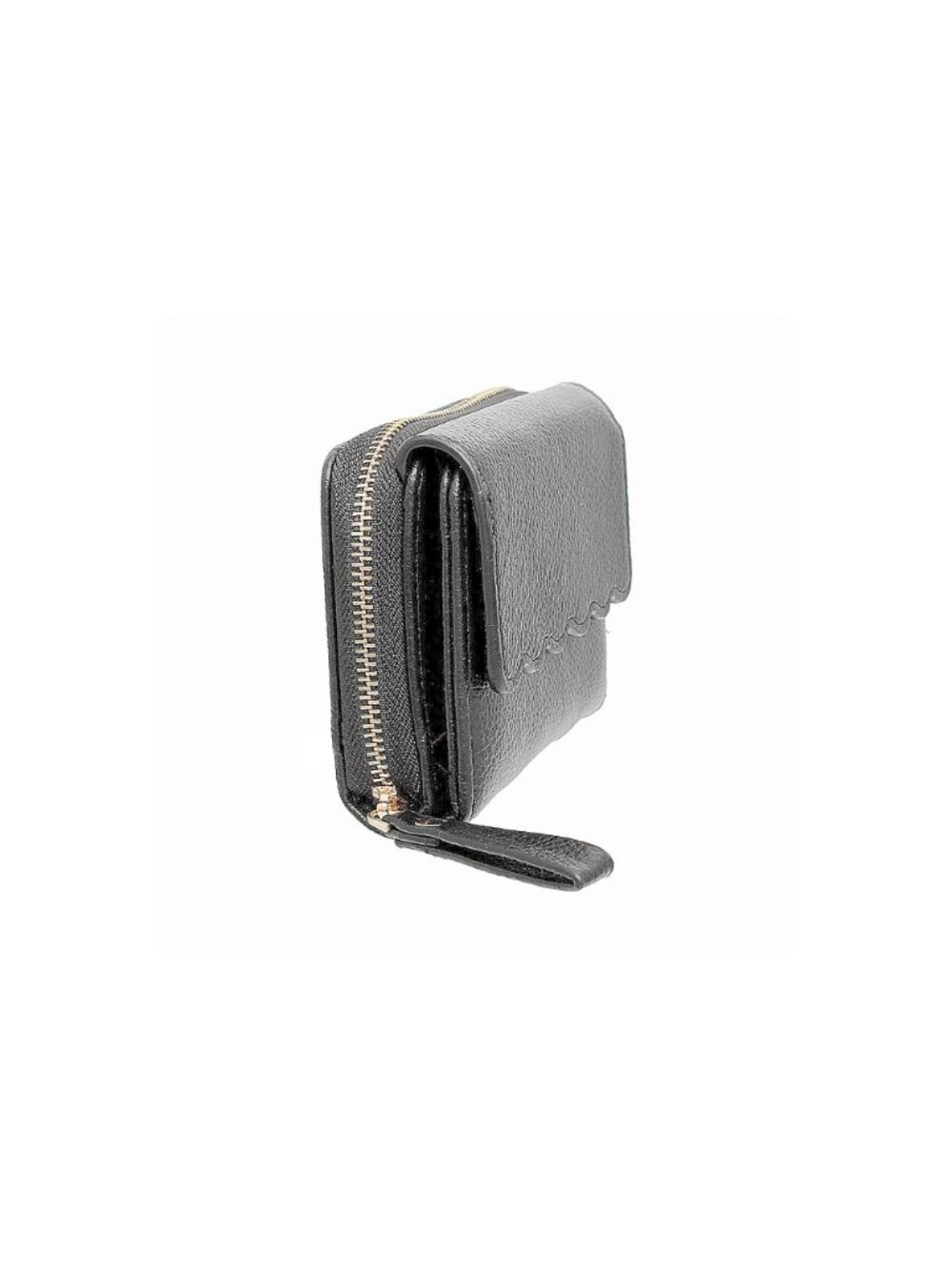 Black Scalloped Edge Compact Vegan Faux Leather Wallet With Zipper & Snap Closur - Picture 2 of 6